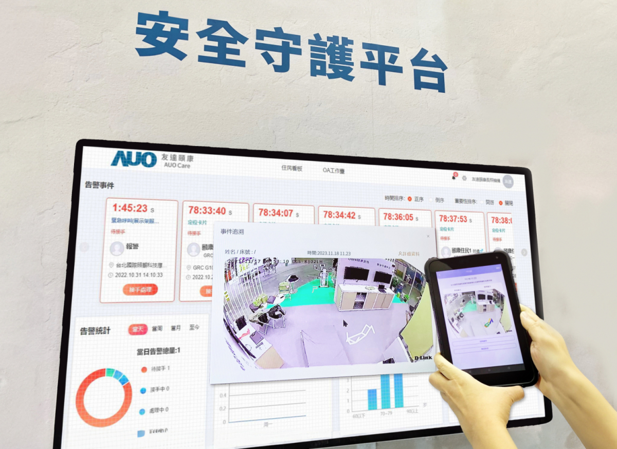 友達頤康整合軟硬體包含跌倒偵測、智慧床墊和緊急呼叫管理等，透過安全守護平台進行IoT設備統一監控與管理，提供長照場域落實安全守護方案